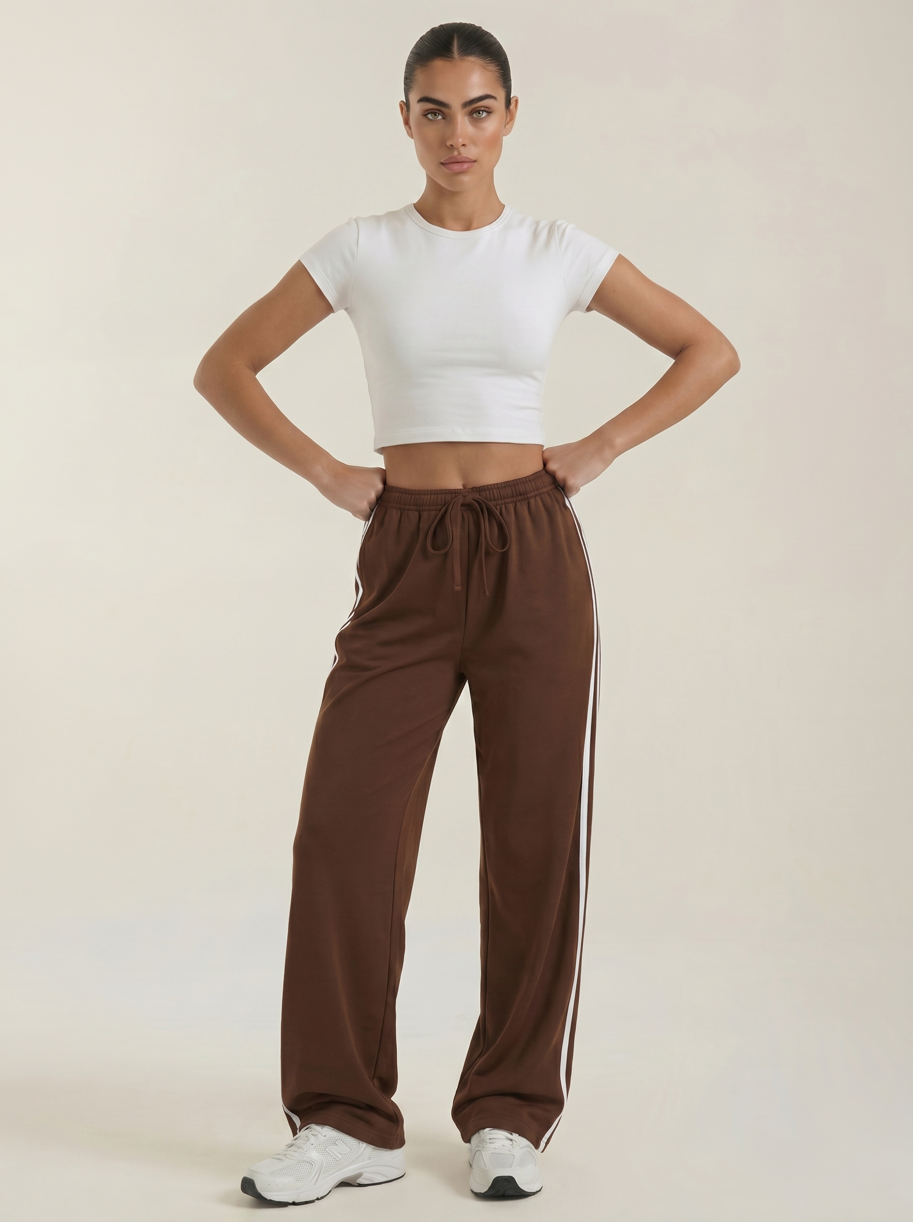 Brown wide-leg track pants with elastic drawstring waist