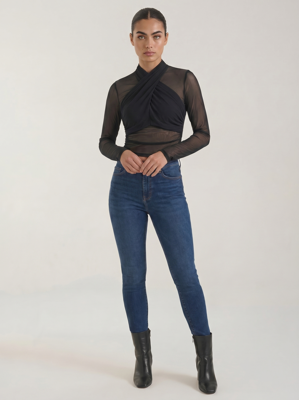 Black sheer wrap mesh top with long sleeves and crisscross front