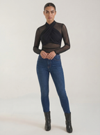 Black sheer wrap mesh top with long sleeves and crisscross front