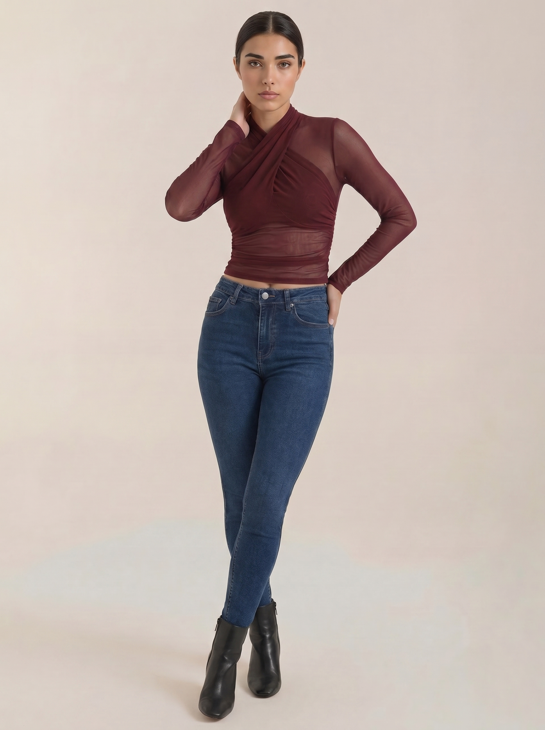 Burgundy sheer wrap mesh top with long sleeves and ruched wrap front