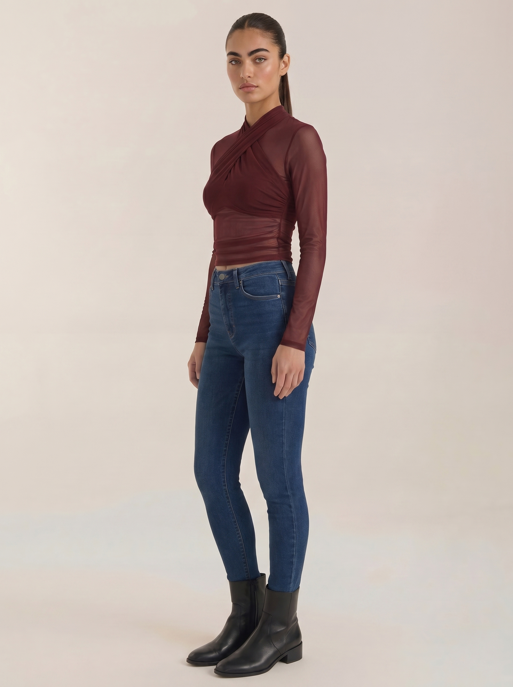 Burgundy sheer wrap mesh top with long sleeves and ruched cross wrap front