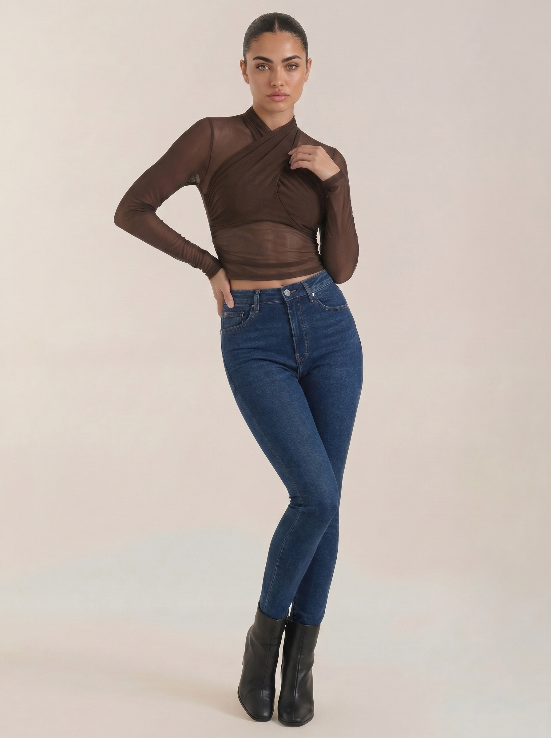 Burgundy sheer wrap mesh top with long sleeves and ruched wrap front