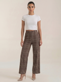High-waisted plaid trousers in brown with wide-leg fit and belt loops