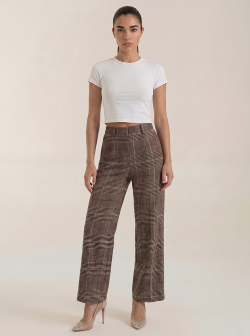 High-waisted plaid trousers in brown with wide-leg fit and belt loops