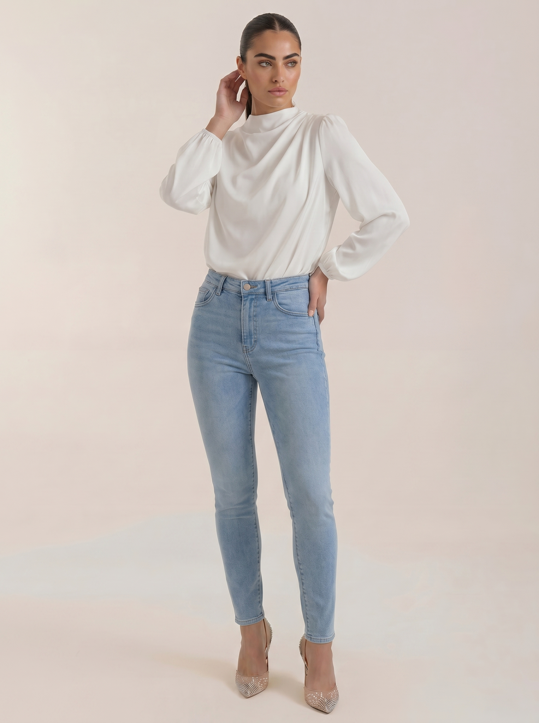 White draped long-sleeve blouse with cowl neckline and puffed sleeves