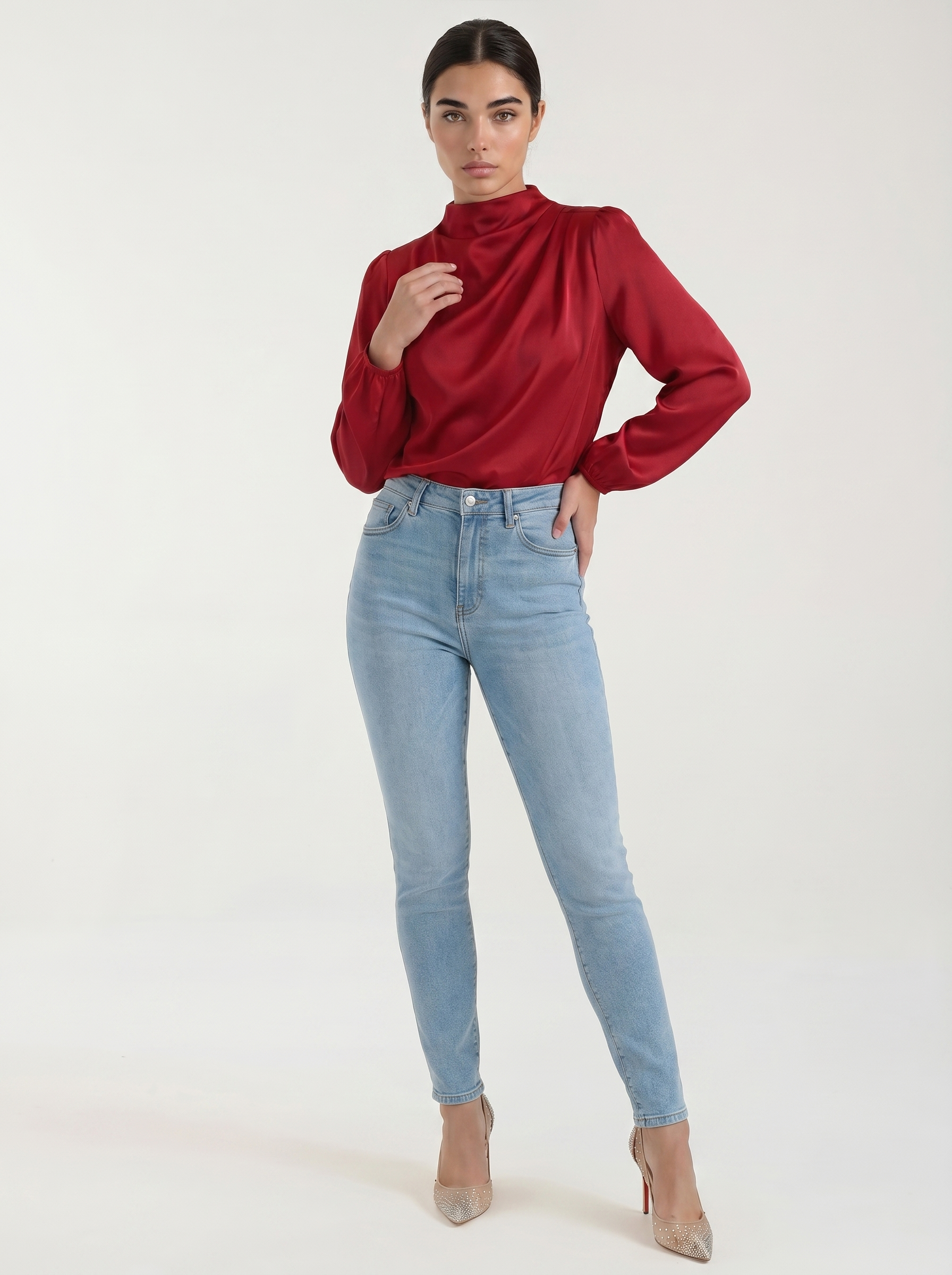 Red draped long-sleeve blouse with cowl neckline and flowing drape