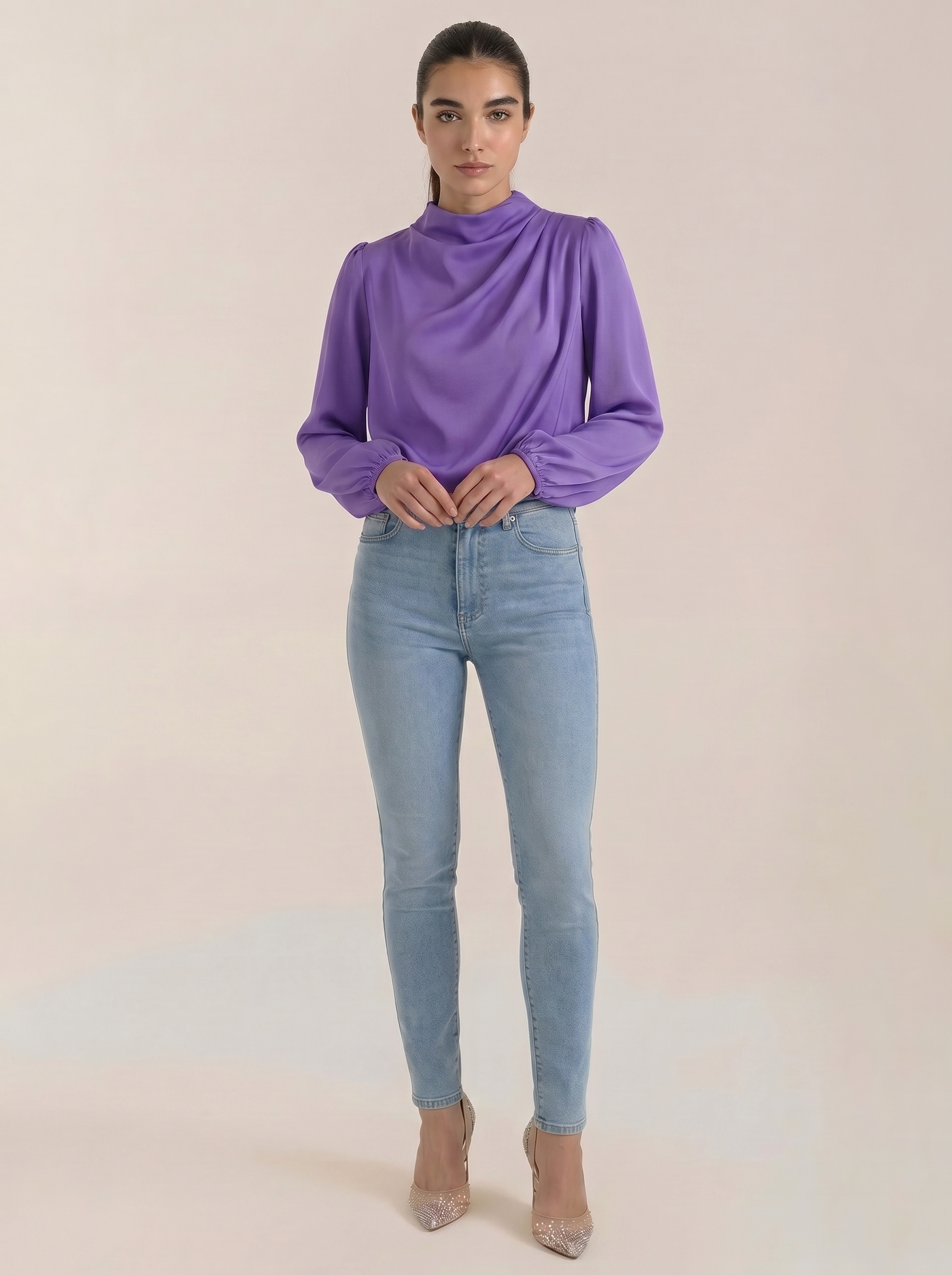 Purple draped long-sleeve blouse with cowl neckline and loose, gathered sleeves