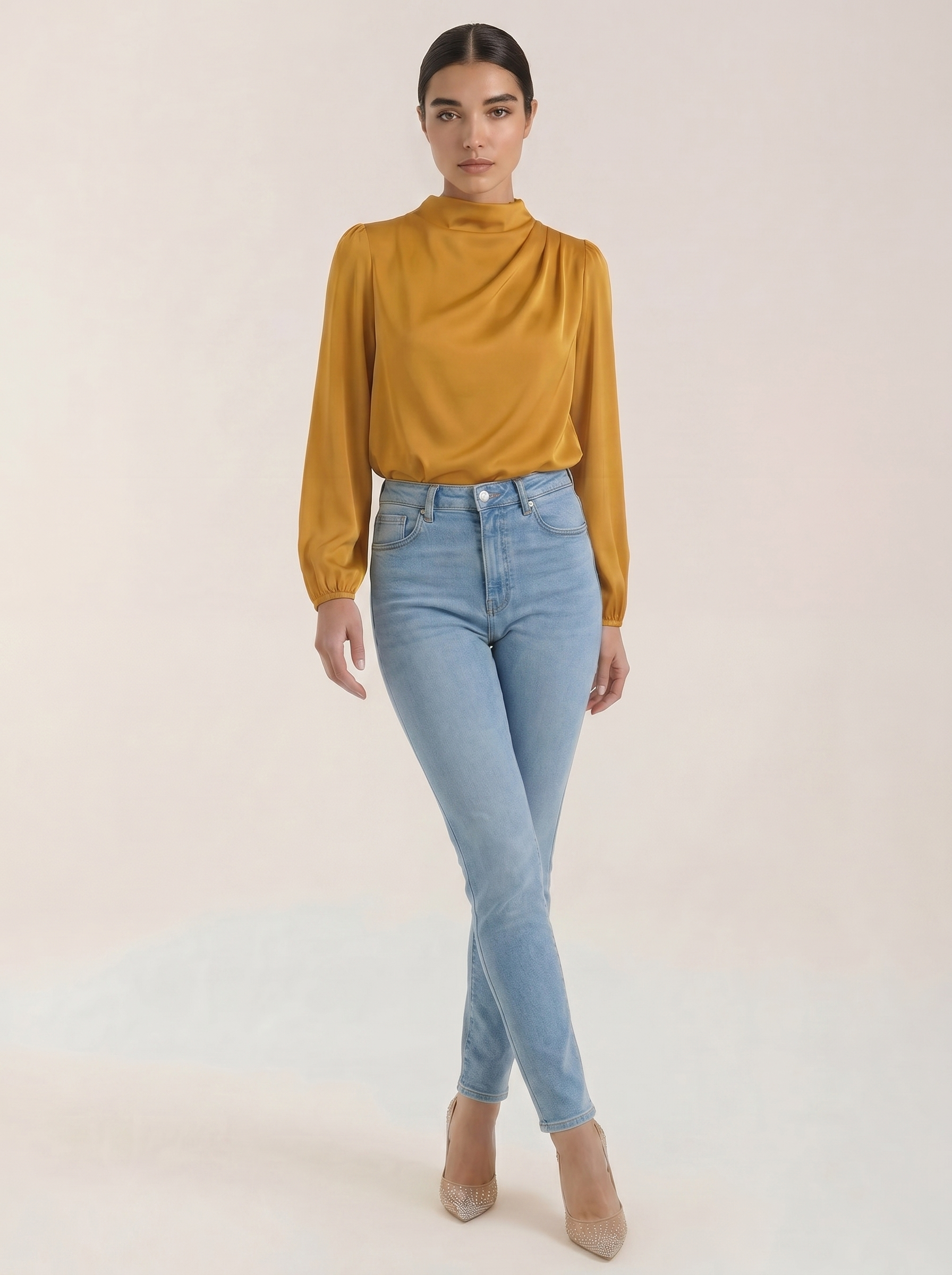Draped long-sleeve blouse in golden yellow with cowl neckline and gathered shoulder