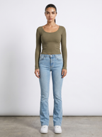 Women’s scoop neck long sleeve top in khaki/olive, close-fitting knit