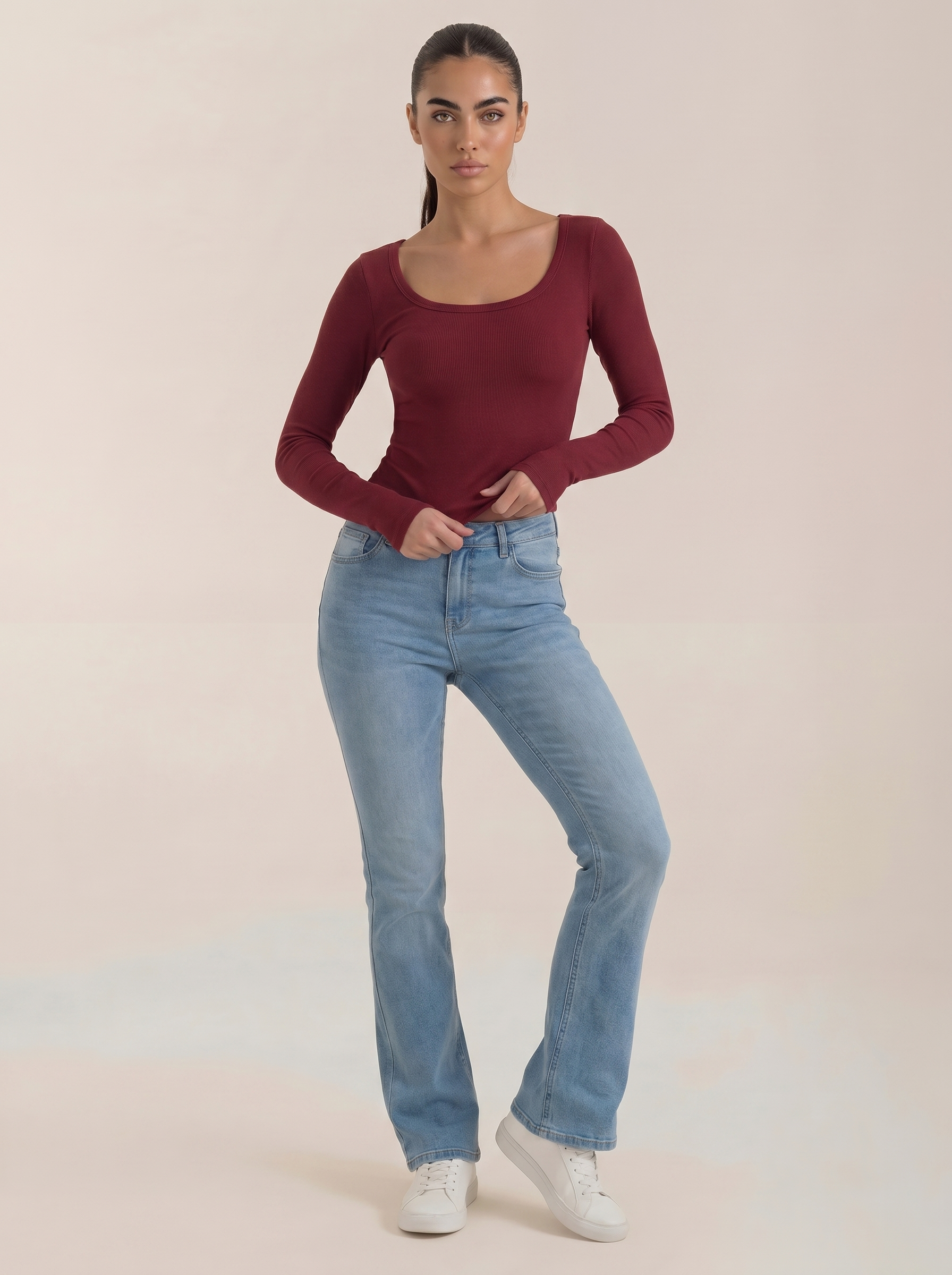Women’s scoop neck long sleeve top in red, fitted knit look