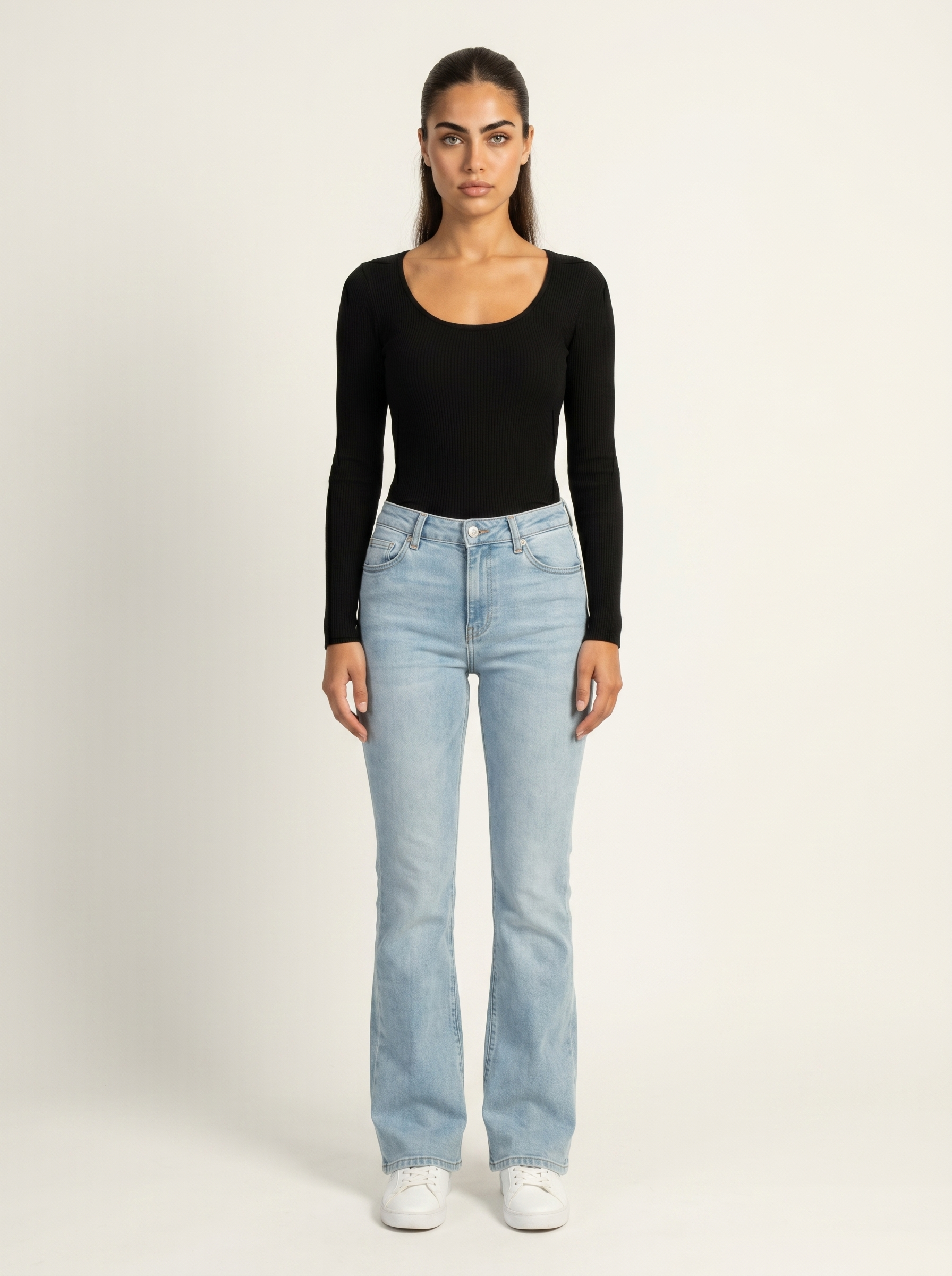 Women’s scoop neck long sleeve top in black, fitted silhouette